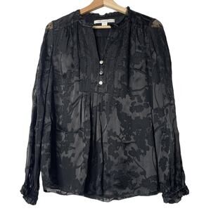 DIANE VON FURSTENBERG Blouse Sz 4 Annalise Floral Black Semi Sheer Henley Top